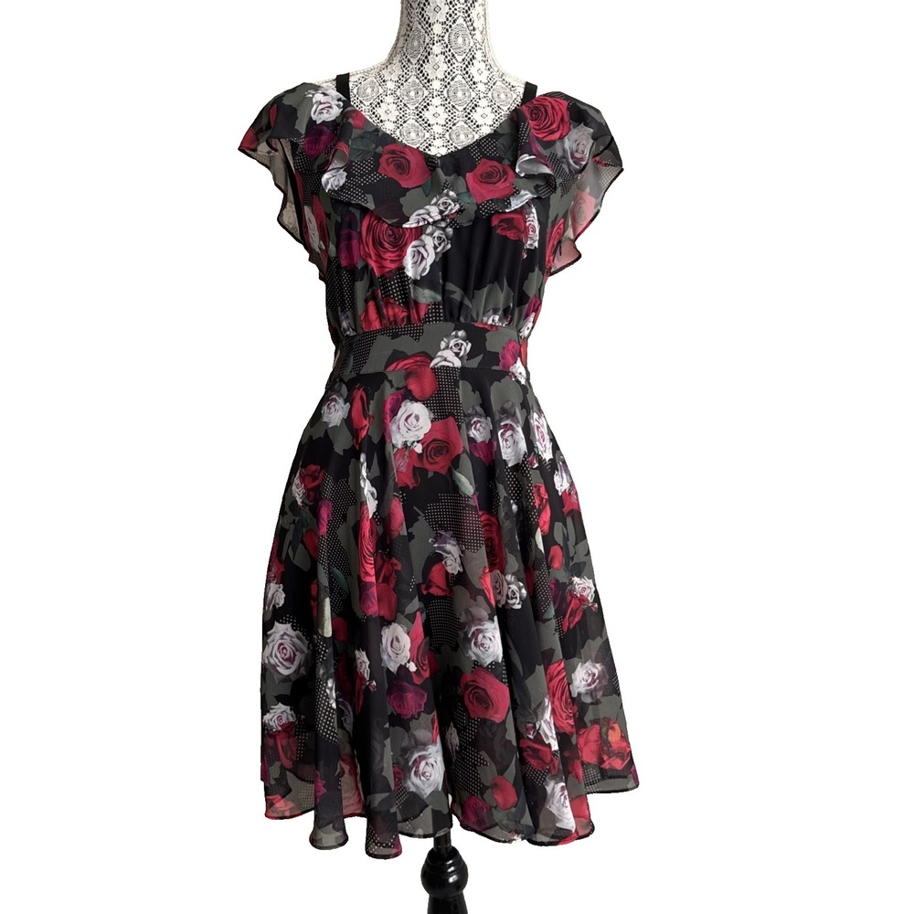 Guess Dress Floral gothic Woman size XS Red & black flowy fairy ruffel